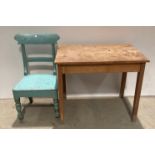 Light blue painted oak chair and an oak kitchen table,