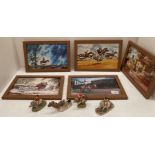 Nine Thelwell related items - five small framed prints and four miniature composition models