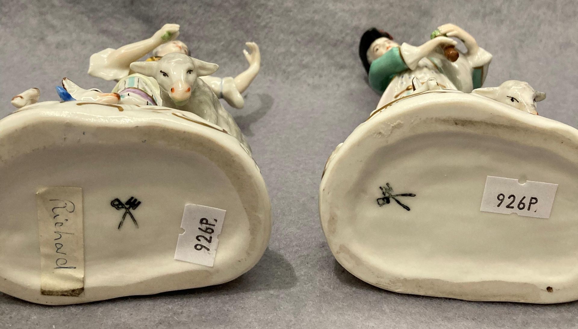 Pair of porcelain figurines, man and woman with animals, damage to the man's animal with bow, - Image 5 of 6