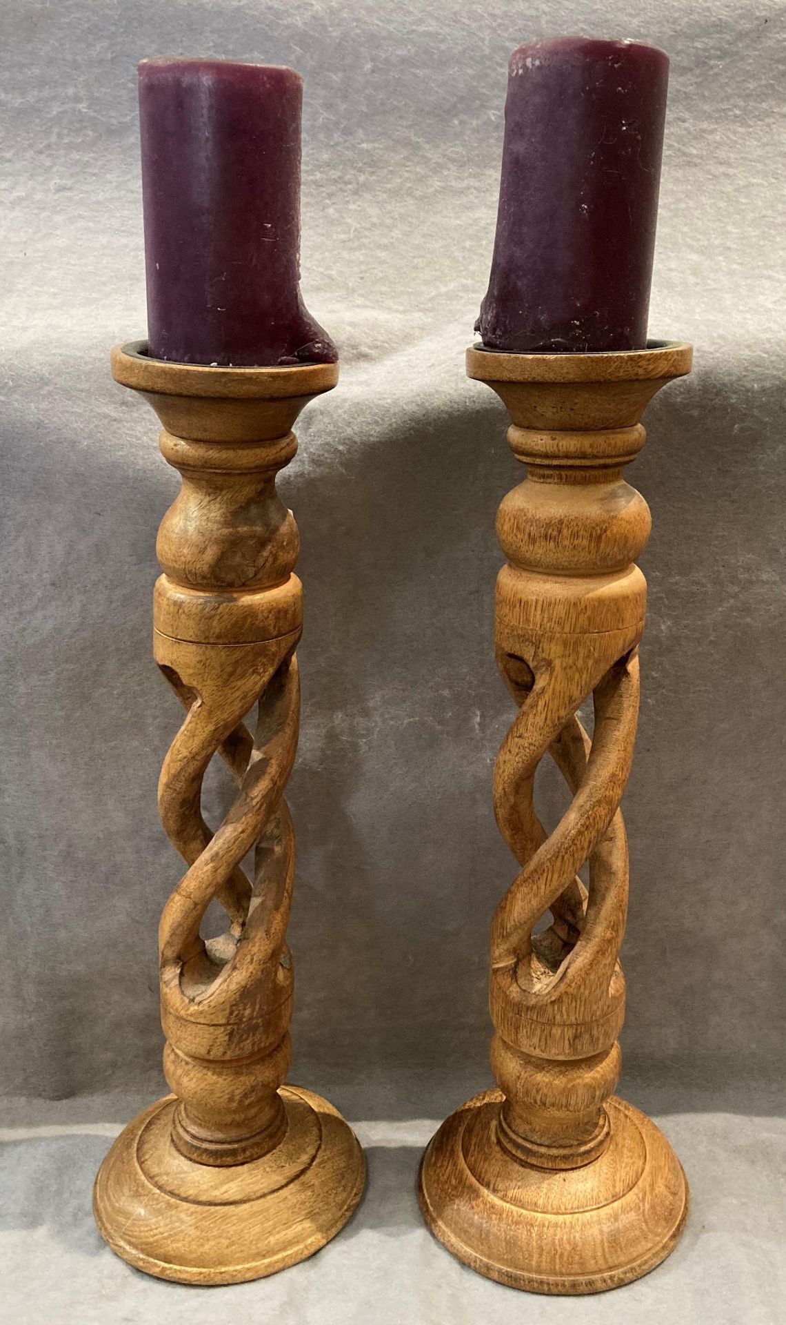 Pair of oak matching twisted candle stick stands 46cm high and a pair of oak table lamps with - Image 2 of 2