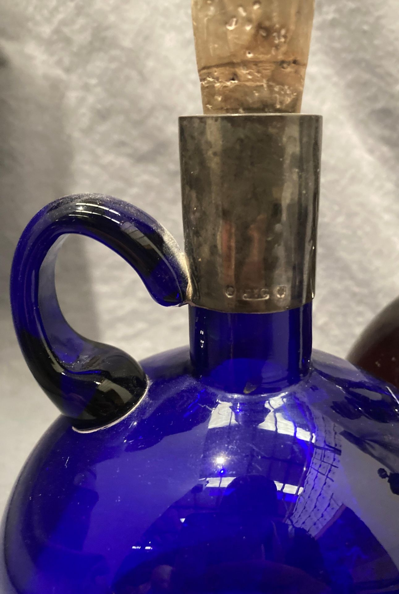A blue glass decanter with metal top, handle chipped and repaired, - Image 2 of 7
