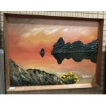 Framed oil painting 'Rock Lined Inlet' in relief,