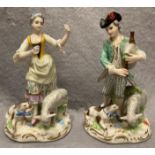Pair of porcelain figurines, man and woman with animals, damage to the man's animal with bow,