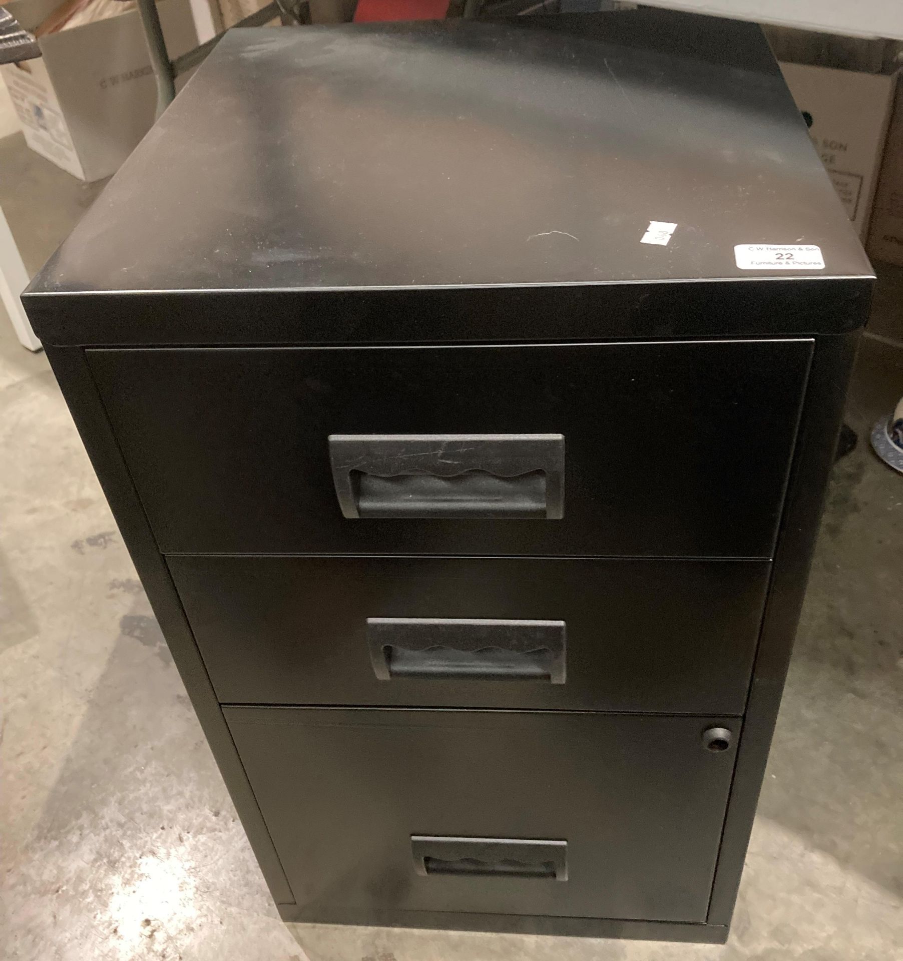 Black metal three drawer pedestal