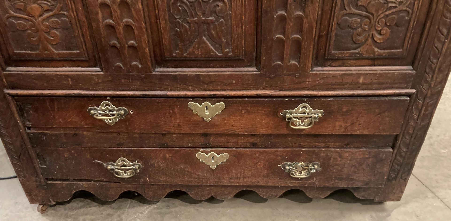 An oak kist with carved three panel front over two drawers, lettered to either side of lock FA1741, - Image 6 of 15