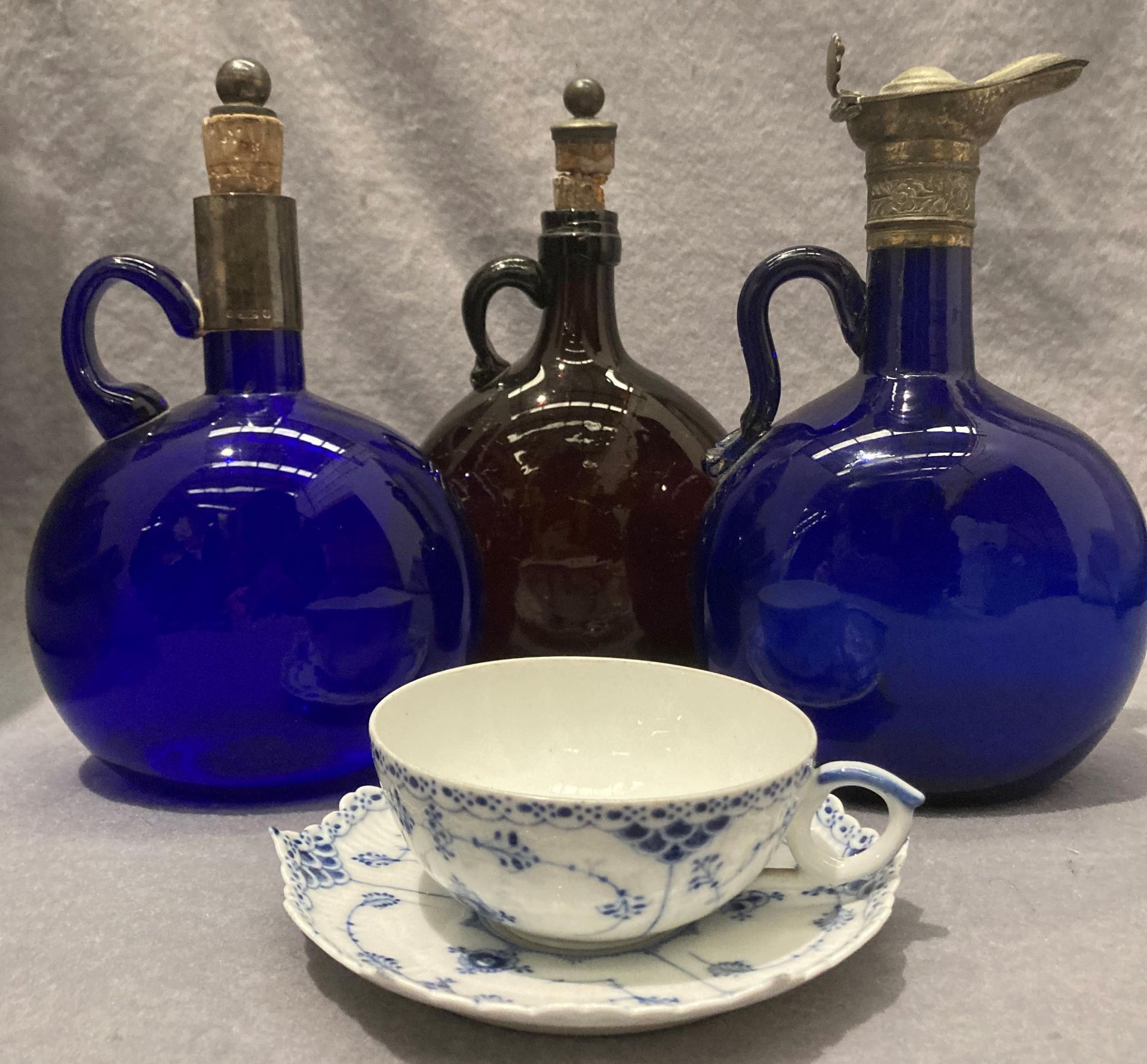 A blue glass decanter with metal top, handle chipped and repaired, - Image 3 of 7
