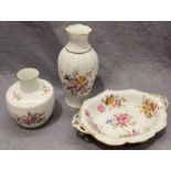 Three Royal Crown Derby floral patterned pieces, oval dish, 23cm long, Derby Poises LIX vase,