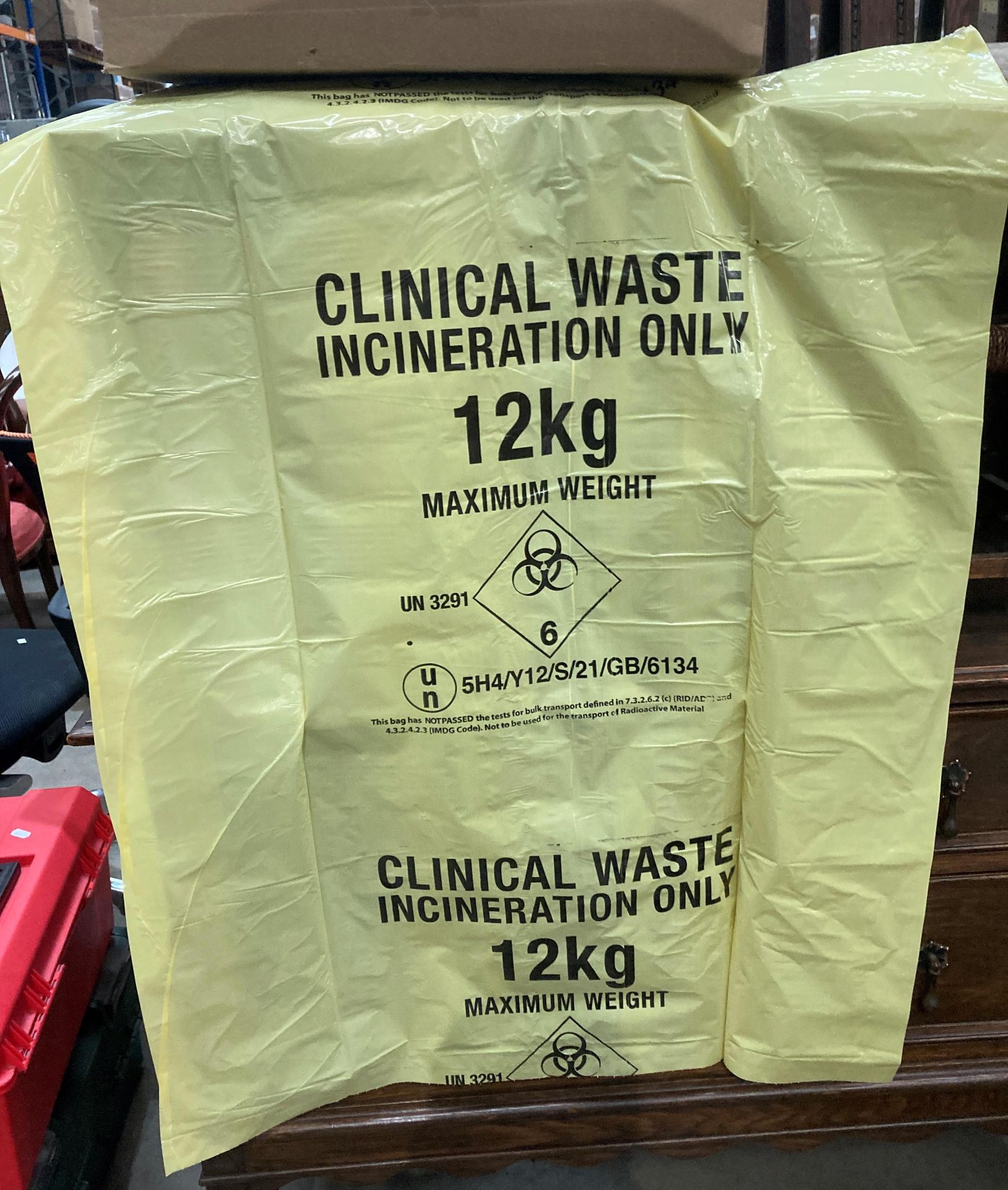 28 boxes of 12kg yellow clinical waste sacks - rolls of 20 x 10 per box