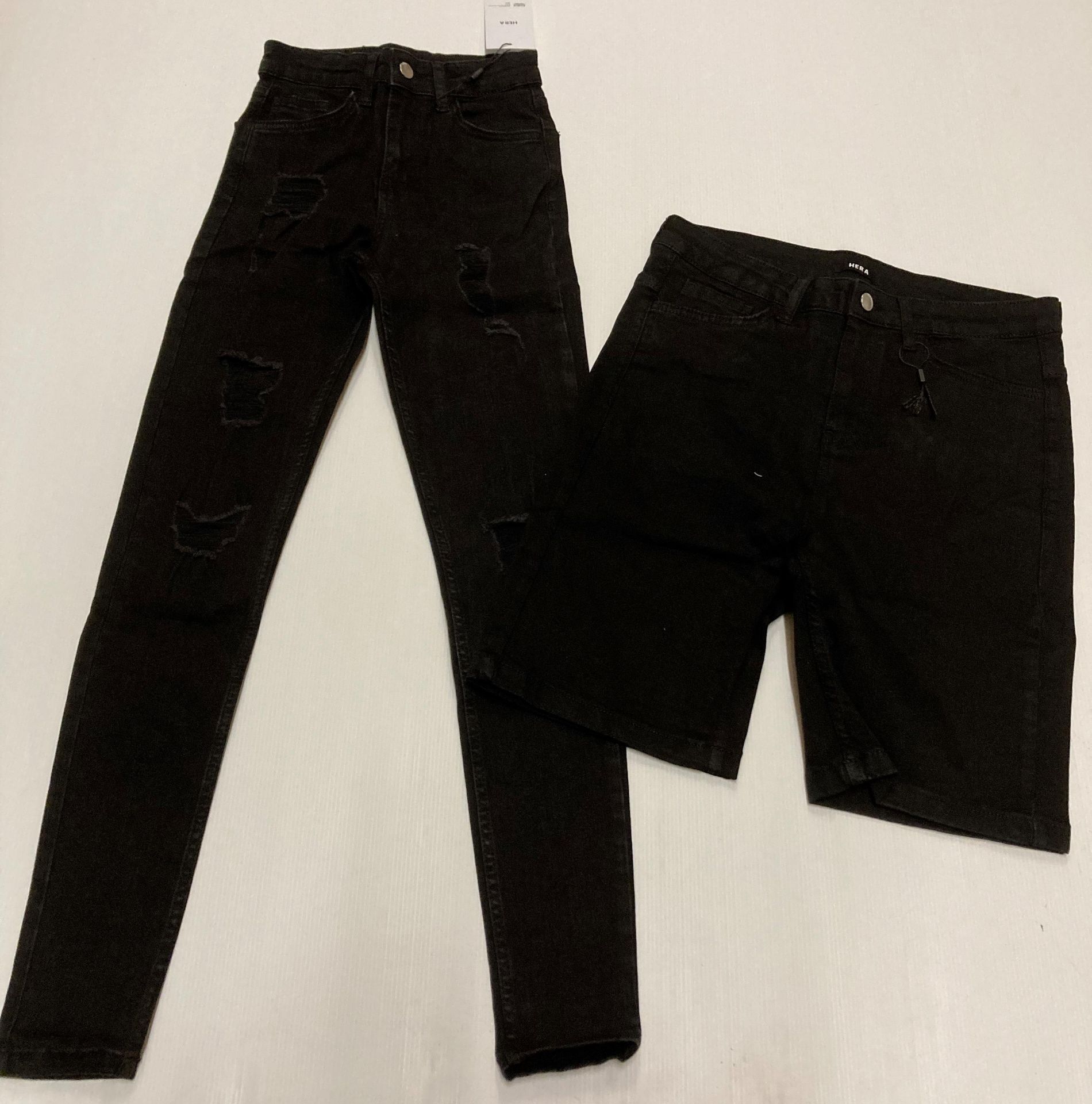 5 x items - 4 x Hera black denim shorts (size 28) and 1 x Hera ripped skinny jeans,