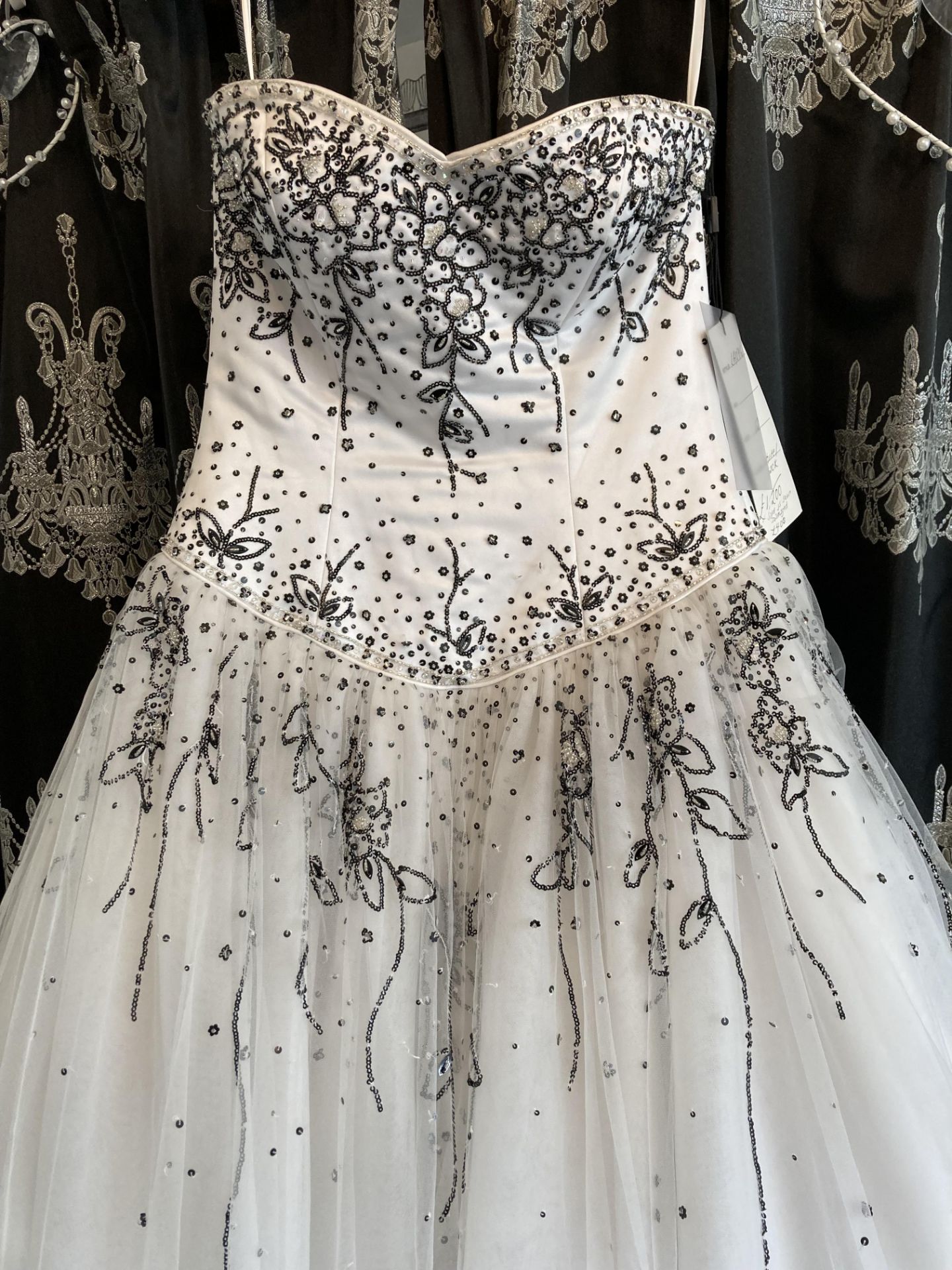 Princess ball gown (exhibition sample - damage on tulle overlay), black & white, size 10. - Image 2 of 4