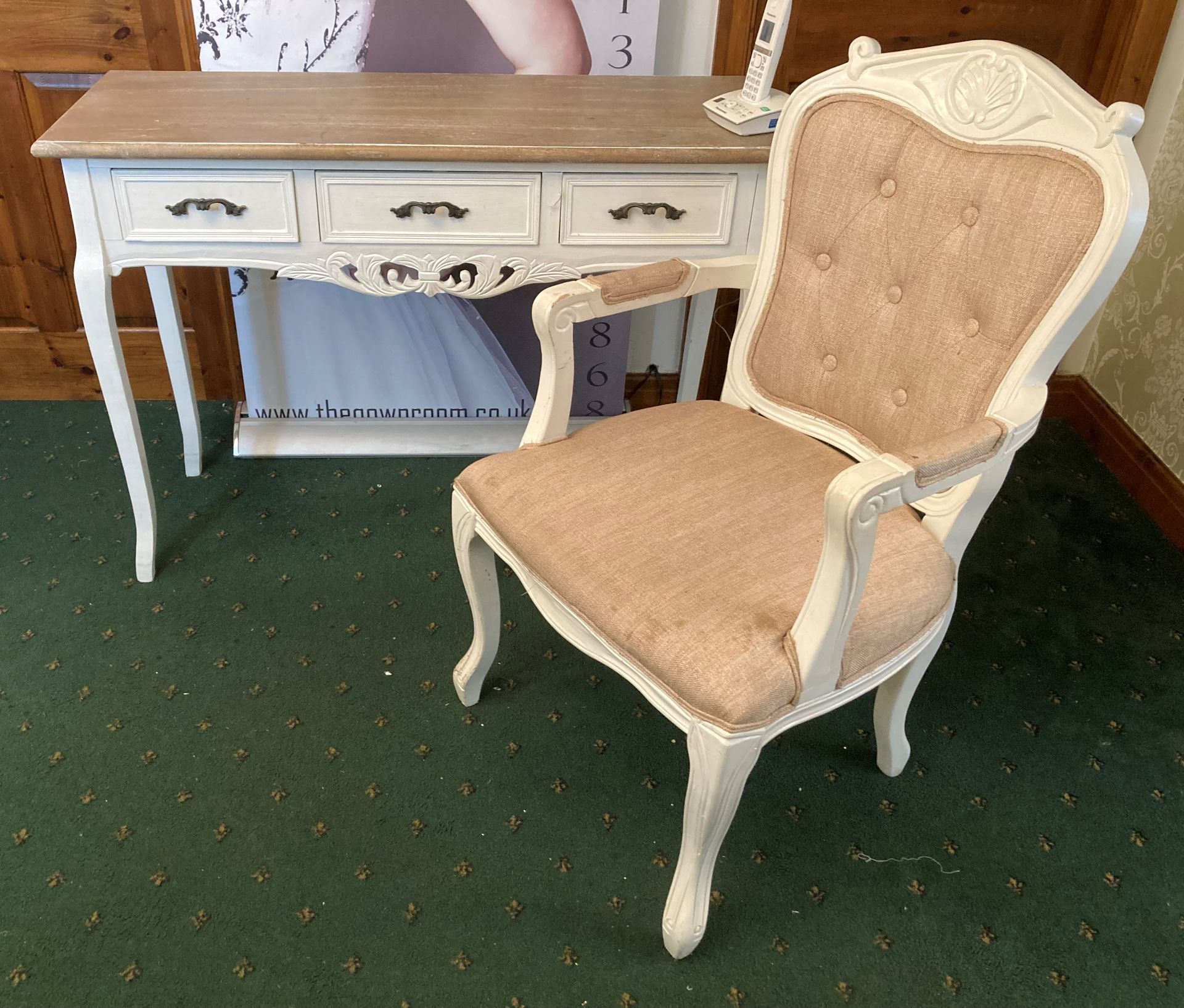 A small white painted three drawer desk 110 x 40 x 80cm high,