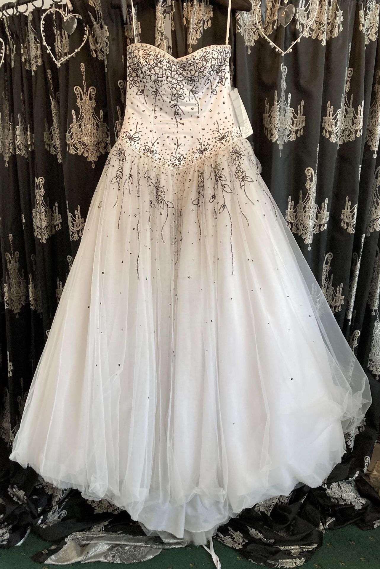 Princess ball gown (exhibition sample - damage on tulle overlay), black & white, size 10.