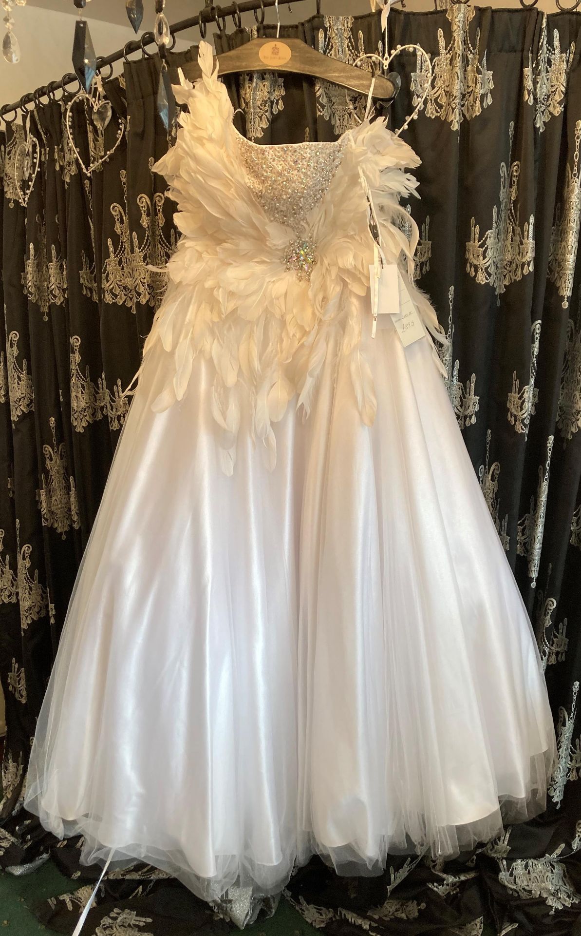 Macduggal feather ball gown, white, size UK 16.