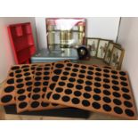 Eleven items including five tray coin storage box, metal cash box 30cm x 22cm x 12cm high (no key),