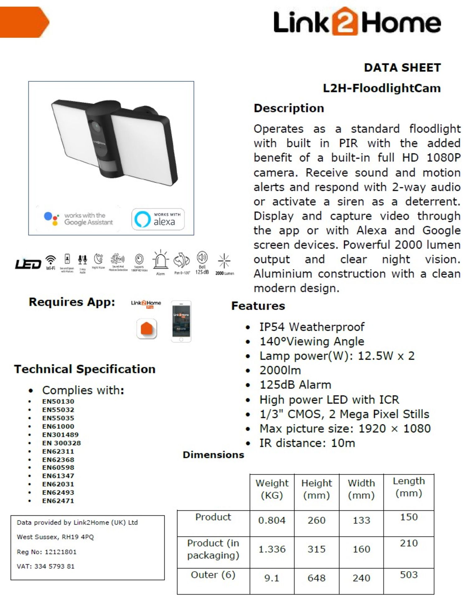 2 x Link2Home 'L2H FloodlightCam' Floodlights with built in PIR and full HD 1080P cameras - New, - Image 8 of 11