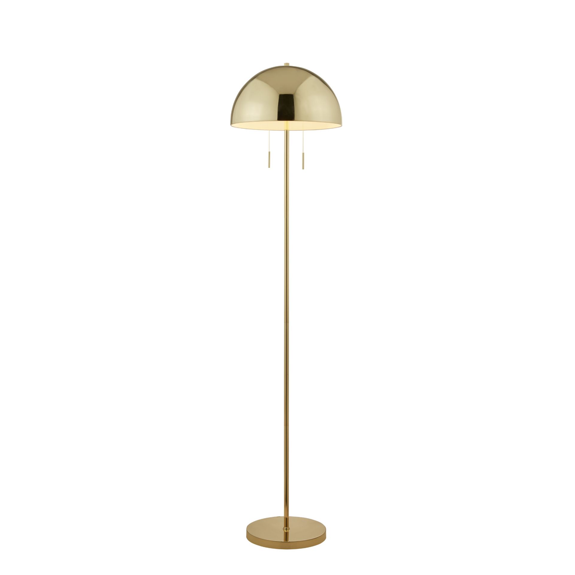 BRAND NEW BRASS FLOOR LAMP, 150CM HIGH, 60W. Tall polished brass floor lamp with dome shade.