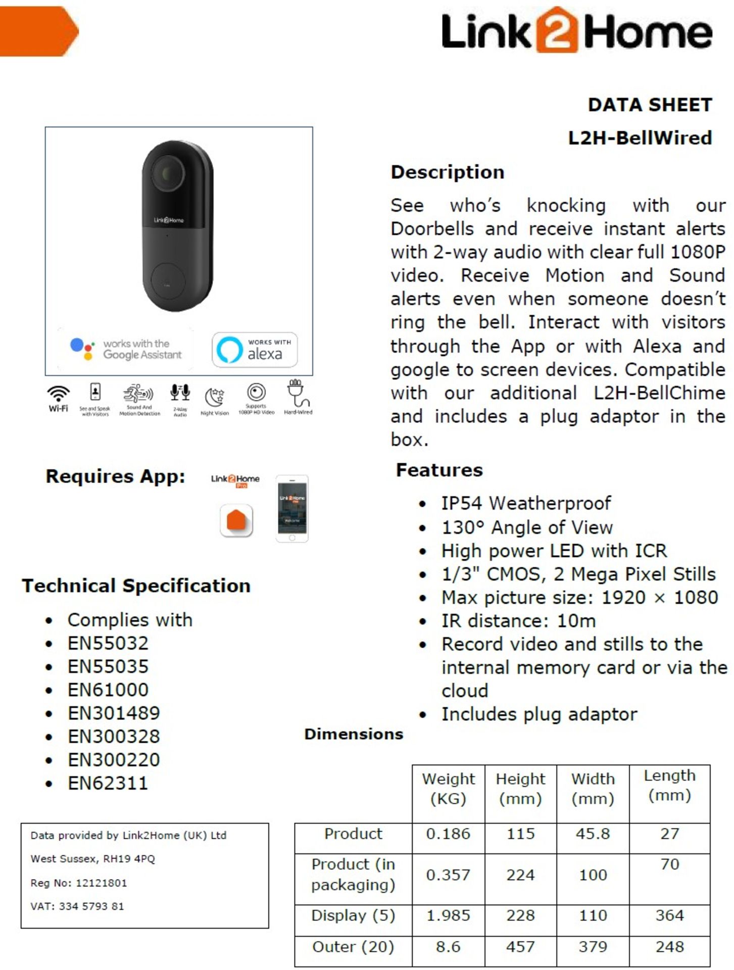 A Link2Home 'L2H BellWired' Hard Wired Doorbell/Camera - New, boxed stock RRP £99. - Image 6 of 13