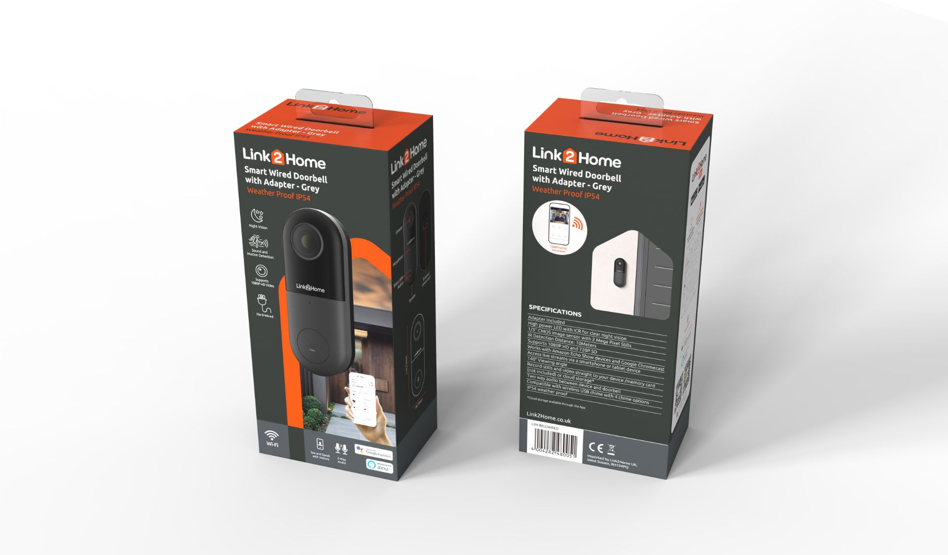 2 x Link2Home 'L2H BellWired' Hard Wired Doorbell/Cameras - New, boxed stock RRP £99.