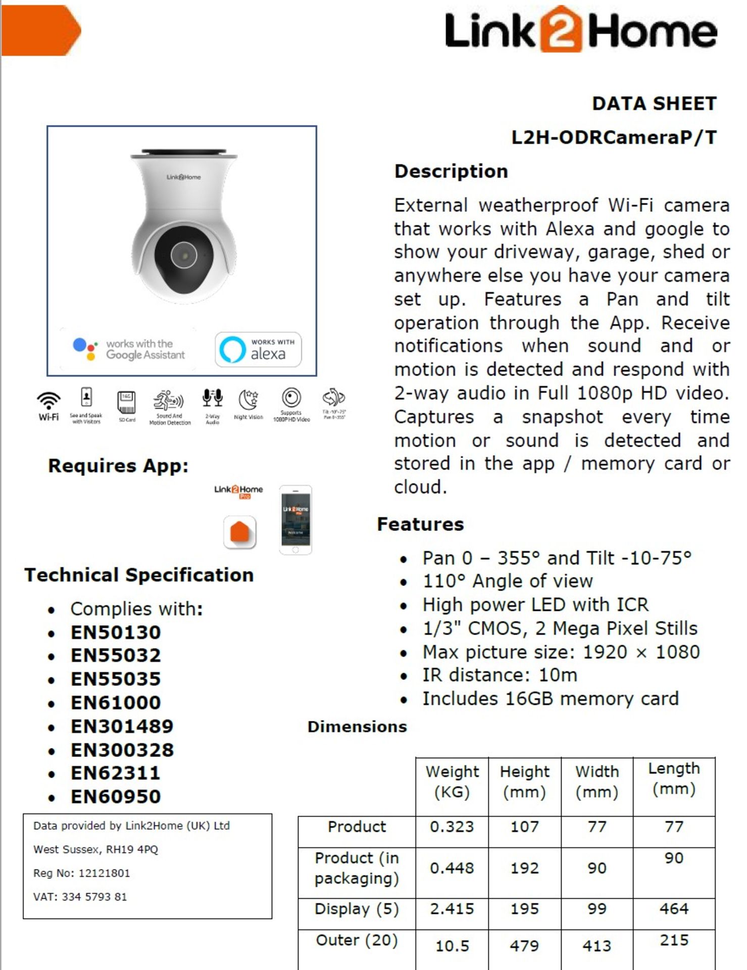A Link2Home 'L2H-ODRCameraP/T' External Weatherproof Wi-Fi Camera with Pan and Tilt Operation - New, - Image 9 of 14