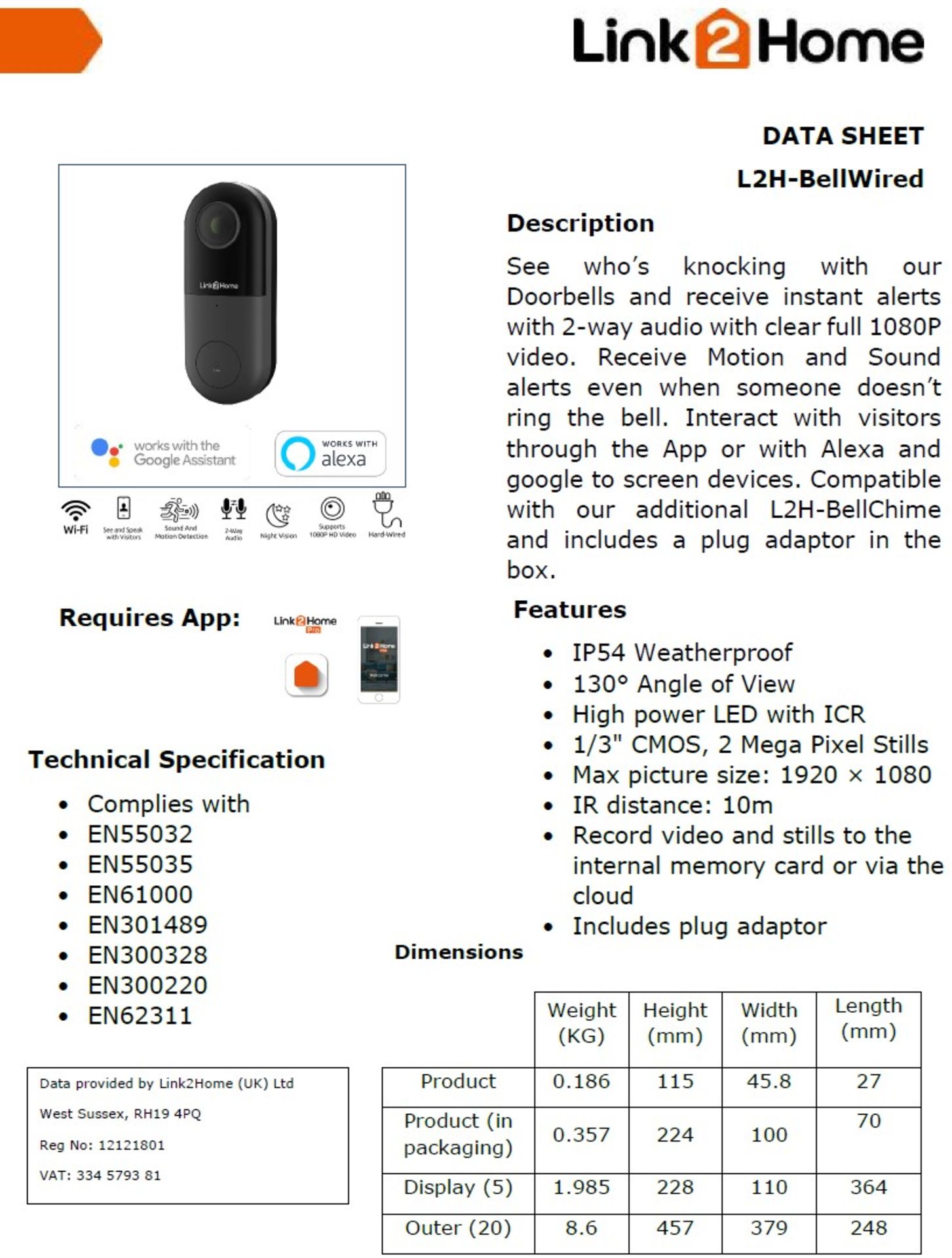 A Link2Home 'L2H BellWired' Hard Wired Doorbell/Camera - New, boxed stock RRP £99. - Image 6 of 15