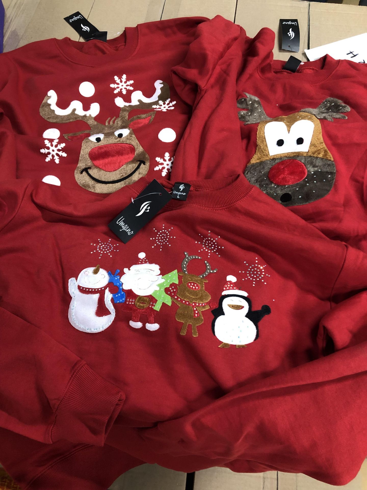 6 ASSORTED ADULT RED FLEECE LINED XMAS JUMPERS BOX No3 2M 3XL 1XXL