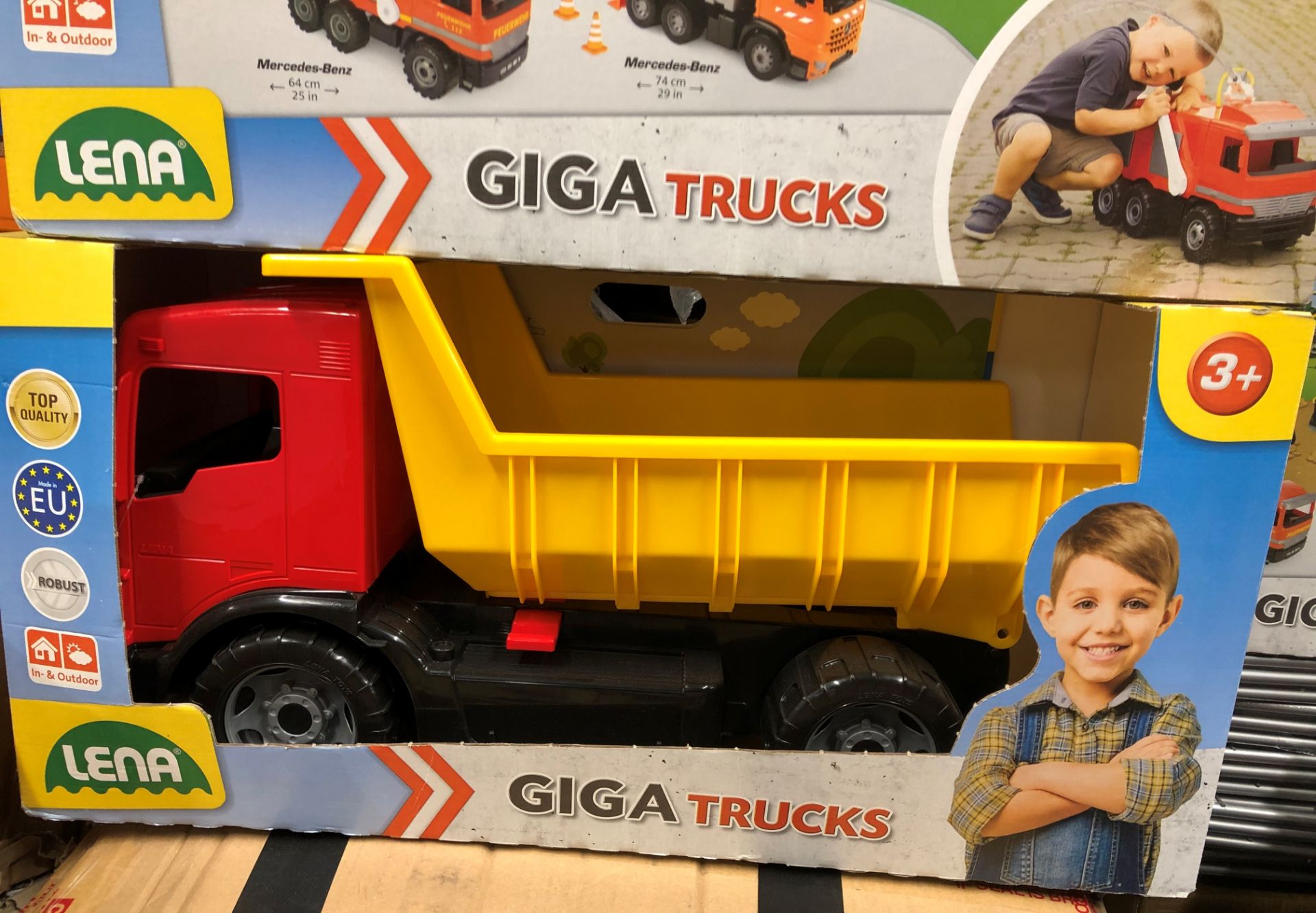 GIANT GIGA LENA MERC TRUCK RIDE ON RED YELLOW AND BLACK 75CM X 33CM