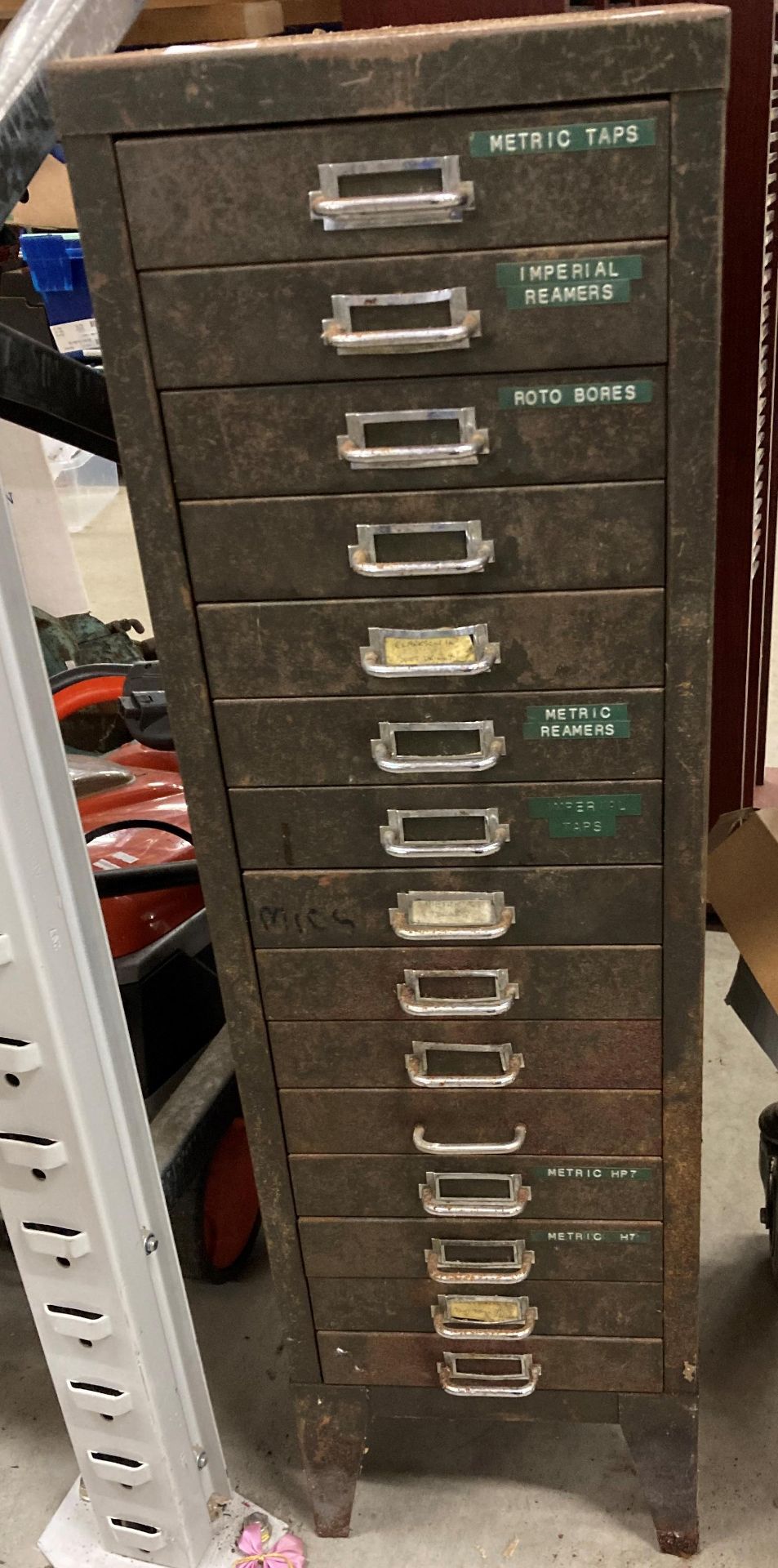 Vintage green metal 15 drawer index cabinet (saleroom location K05 floor)