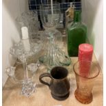 Contents to part of rack - various items of large glassware, three branch candlestick, bowls, vases,