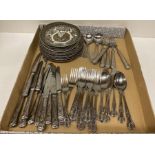 Contents to lid - thirty-nine pieces of Oneida and Housley Kings pattern cutlery and six plates and