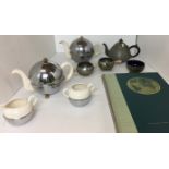 Nine items including two three piece vintage metal and ceramic tea services with insulated teapots,