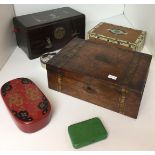 Six items - dark wood and mother of pearl jewellery box with green lining 25 x 14 x 13cm high,
