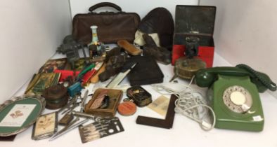 Fifty plus items including leather vintage motor cyclist/pilots helmet, medical bag (no key),