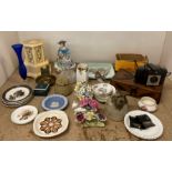 Contents to part of rack - Royal Albert Old Country Roses vase, Kodak Brownie 127 camera,