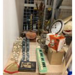 Remaining contents to rack - a composition chess set (missing one pawn), Hohner harmonica,