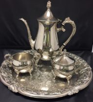 Silver plated Leynard three piece tea/coffee set and tray (Saleroom location: T11)