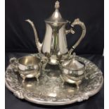 Silver plated Leynard three piece tea/coffee set and tray (Saleroom location: T11)