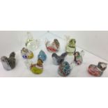 Eleven glass paperweights - ten birds from 4cm to 8cm high and one cat 5cm high (Saleroom