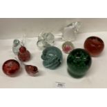 A green glass dump 10cm high and nine other glass items - paperweights and glass animals (10)