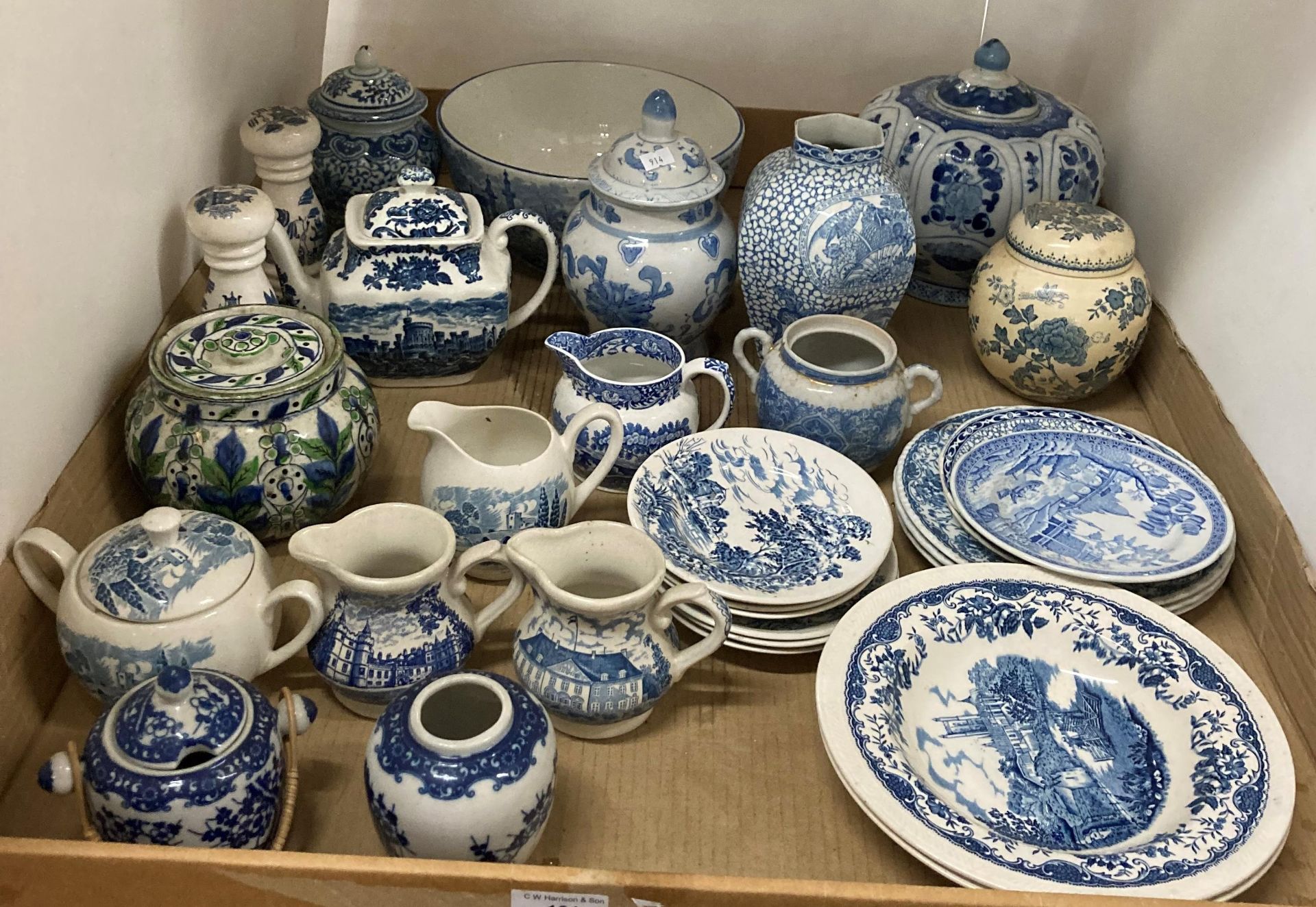 Contents to tray - blue oriental and other patterned pottery including large bowl by HM and S Ltd.