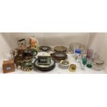 Remaining contents to rack - Copper kettle, metalware, Rhythm clock, plates, glassware, etc.