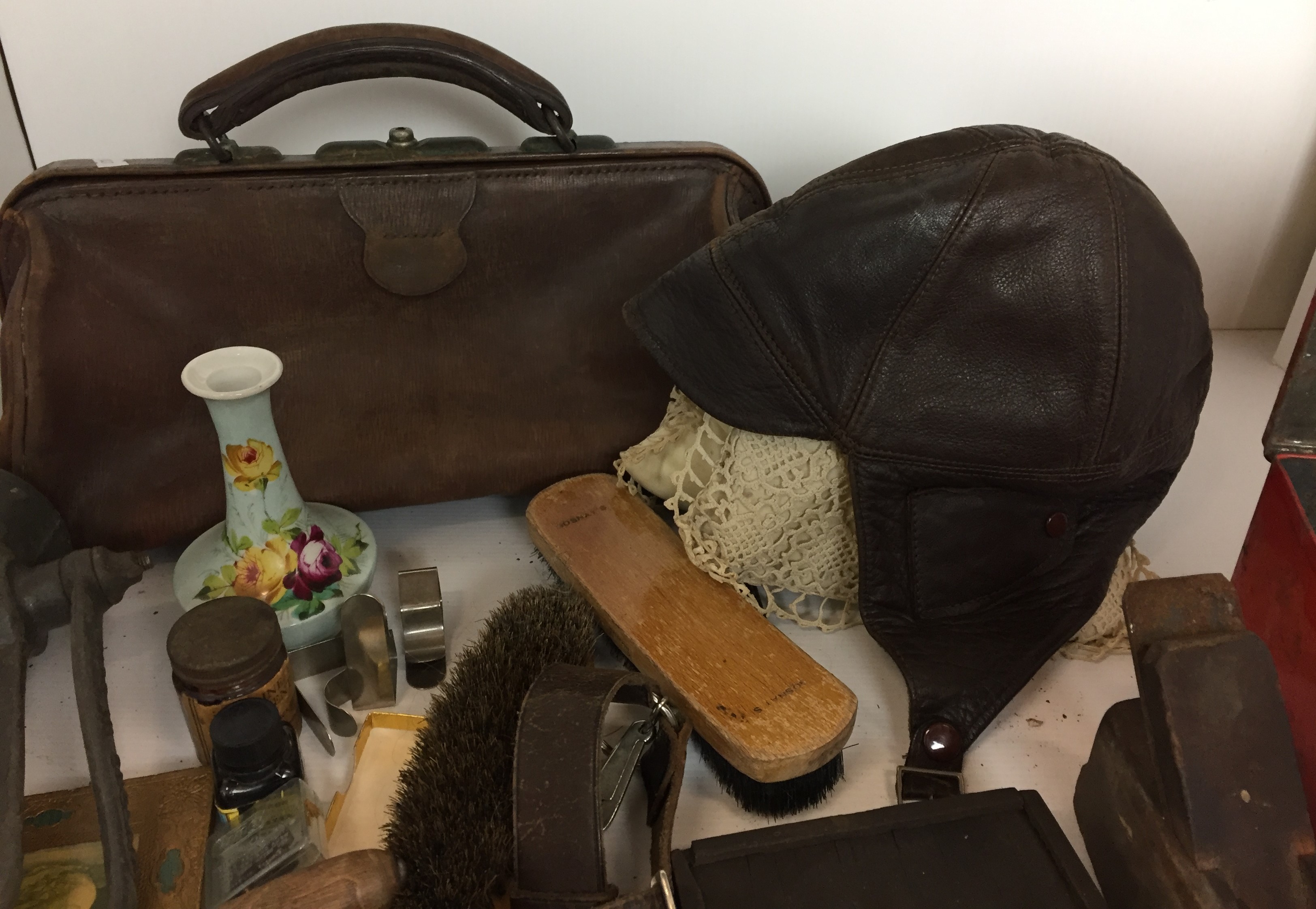 Fifty plus items including leather vintage motor cyclist/pilots helmet, medical bag (no key), - Image 2 of 6