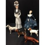 Six items including three Beswick dogs (one with missing tail) and fox,