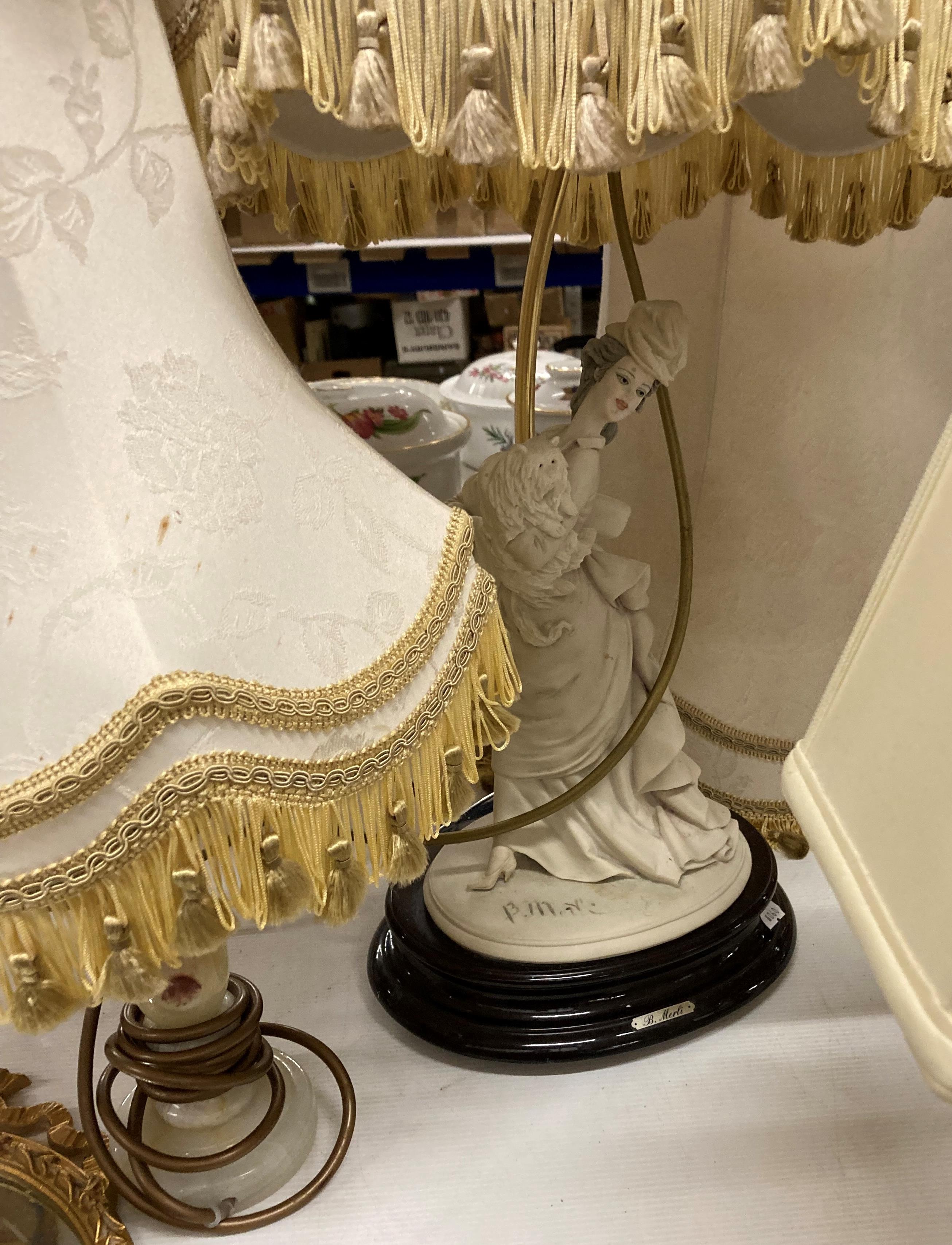 An Italian Nouveau style table lamp 'Lady with Dog' on plinth complete with shade, - Image 3 of 3