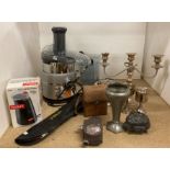 Contents to part of rack - Morphy Richards juicer, Bodum C-Mill electric coffee grinder,