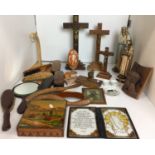 Twenty five plus items including three crucifixes, wooden carved wall hanging of Christ,