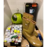 Pair of Beaver work boots, size 8, box of assorted used golf balls,