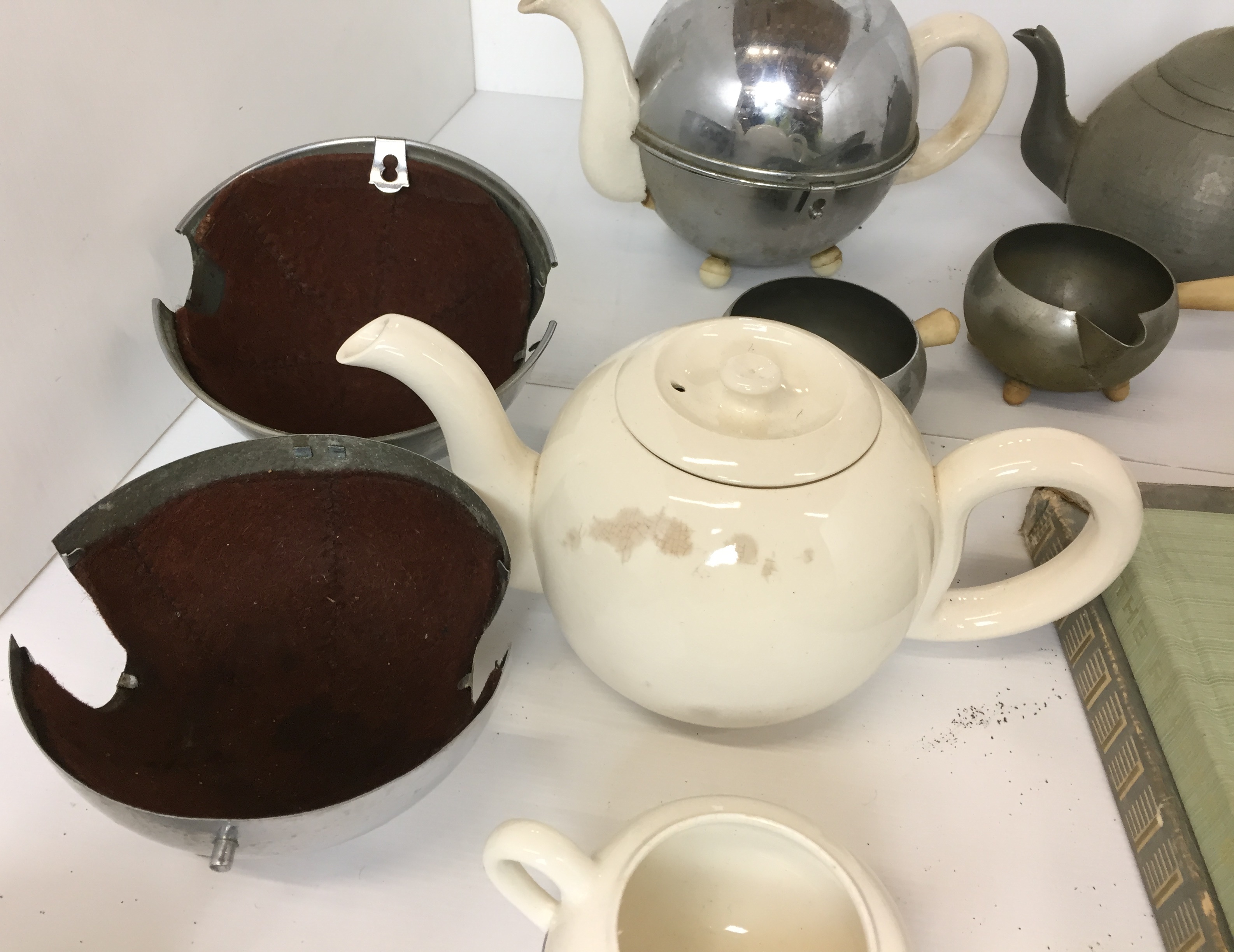 Nine items including two three piece vintage metal and ceramic tea services with insulated teapots, - Image 3 of 4