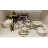 Contents to part of rack - two part tea services, Pompadour and Royal Doulton Carmel (some damages),