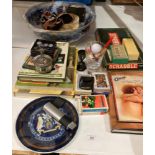 Contents to part of rack - large blue and gilt patterned bowl, golf books,