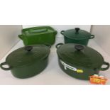 Four pieces of green enamelled cast iron oven to tableware - Le Creuset oval casseroles sizes 27